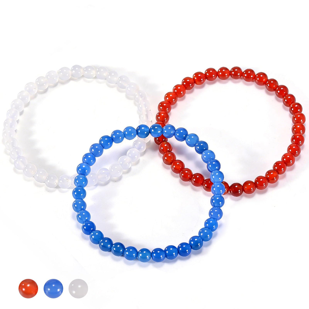 Aluckiss 6mm 3PCS Agate Bracelet for Women Men Natural Round Beaded Agates Stone Healing Stretch Bracelets Elastic Handmade Polished Gemstone Beads Bracelet Red+ Blue+White 3 Colors