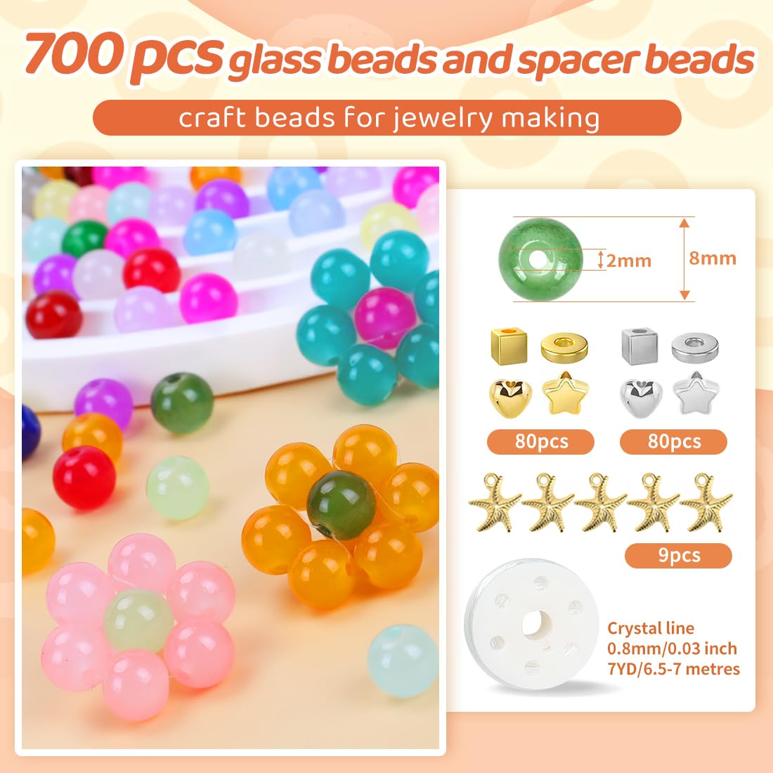 TrynJive 700pcs Glass Beads for Crafts– 24 Colors 8mm Crystal Glass Beads with Gold & Silver Spacer Beads and Elastic String for Bracelets, Necklace & DIY Crafts