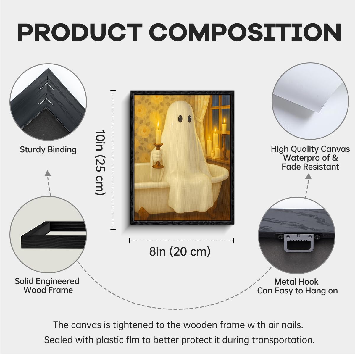 White ghost in clawfoot tub with candle, Rembrandt style ghost pictures wall decor, matte framed ghost wall art, Funny ghost pictures for bathroom, gift for Halloween, 8x10 inch