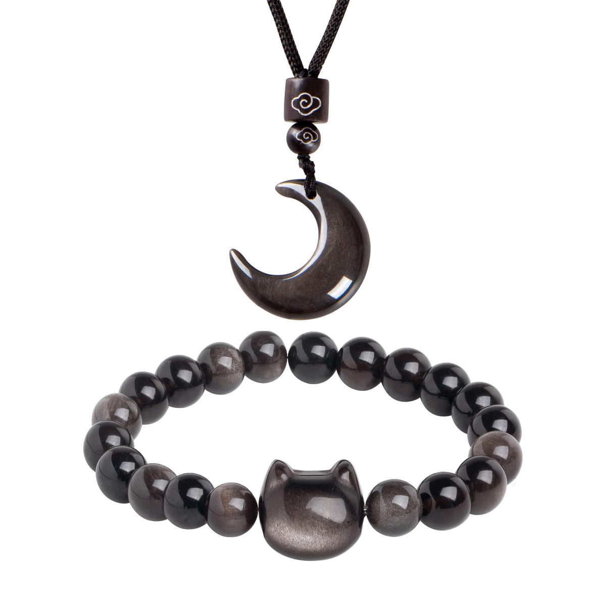 Black Obsidian Cat Bracelet and Moon Pendant Necklace Jewelry Set-Cat Lover Gifts,Wealth Attraction,Good Luck,Bead Bracelet,Mindfulness,Beaded Bracelets, Obsidian Pendant Necklace-Cute Gifts for Women