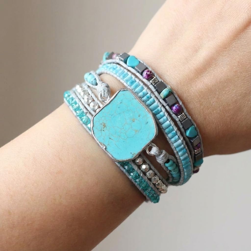 YGLINE Beaded Wrap Bracelets Boho Natural Stone Beads Leather Wrap Bracelet Statement Cuff Bangles Bracelets Gifts