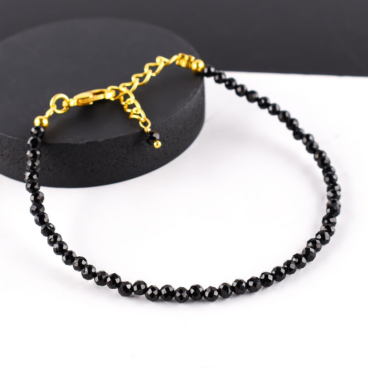 Natural Black Spinel Gemstone Micro Beads Dainty Bracelet Jewelry for Women, Birthstone, Chakra Energy Crystals, 14k Gold Plated Chain 8 inch Adjustable