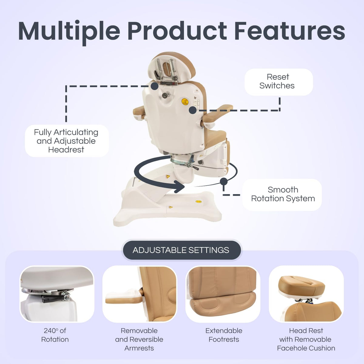 Spa Luxe - Professional Facial, Massage, and Medi Spa Exam Chair for Esthetician - All-Electric 4-Motor Procedure Table with 240° Swivel and Adjustable Headrest - 440lb Capacity, (Sand)