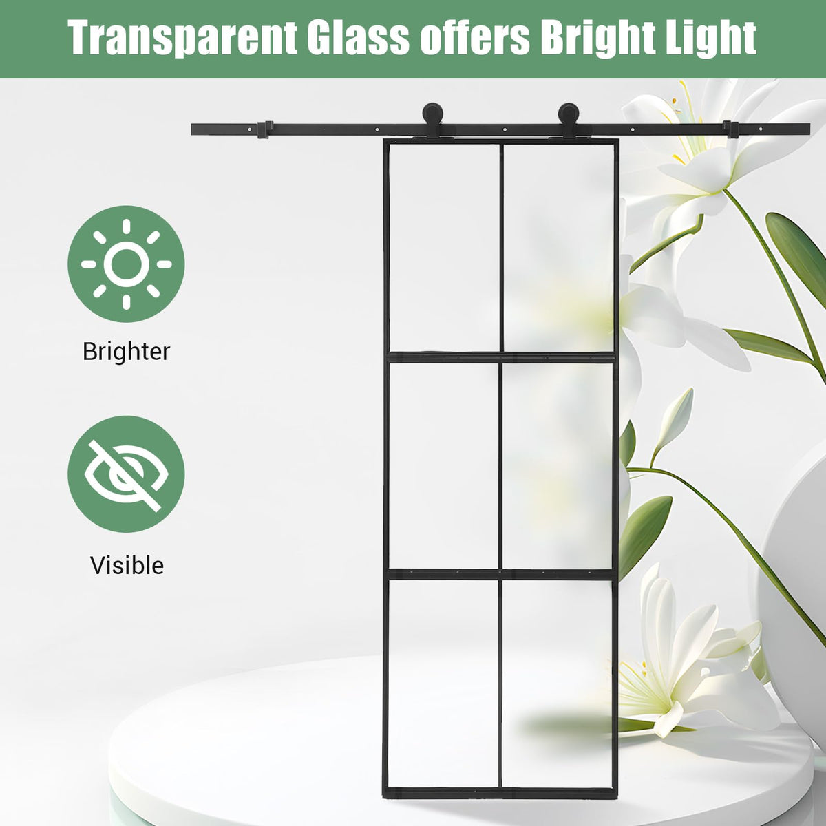 36 x 84" Glass Barn Door with 3-Panel Frosted Tempered Glass, 6 ft Top Mount Sliding Door Kit with Soft Close Mechanism,Black Carbon Steel Tempered Glass Sliding Door,Easy Assembly, Hardware Included