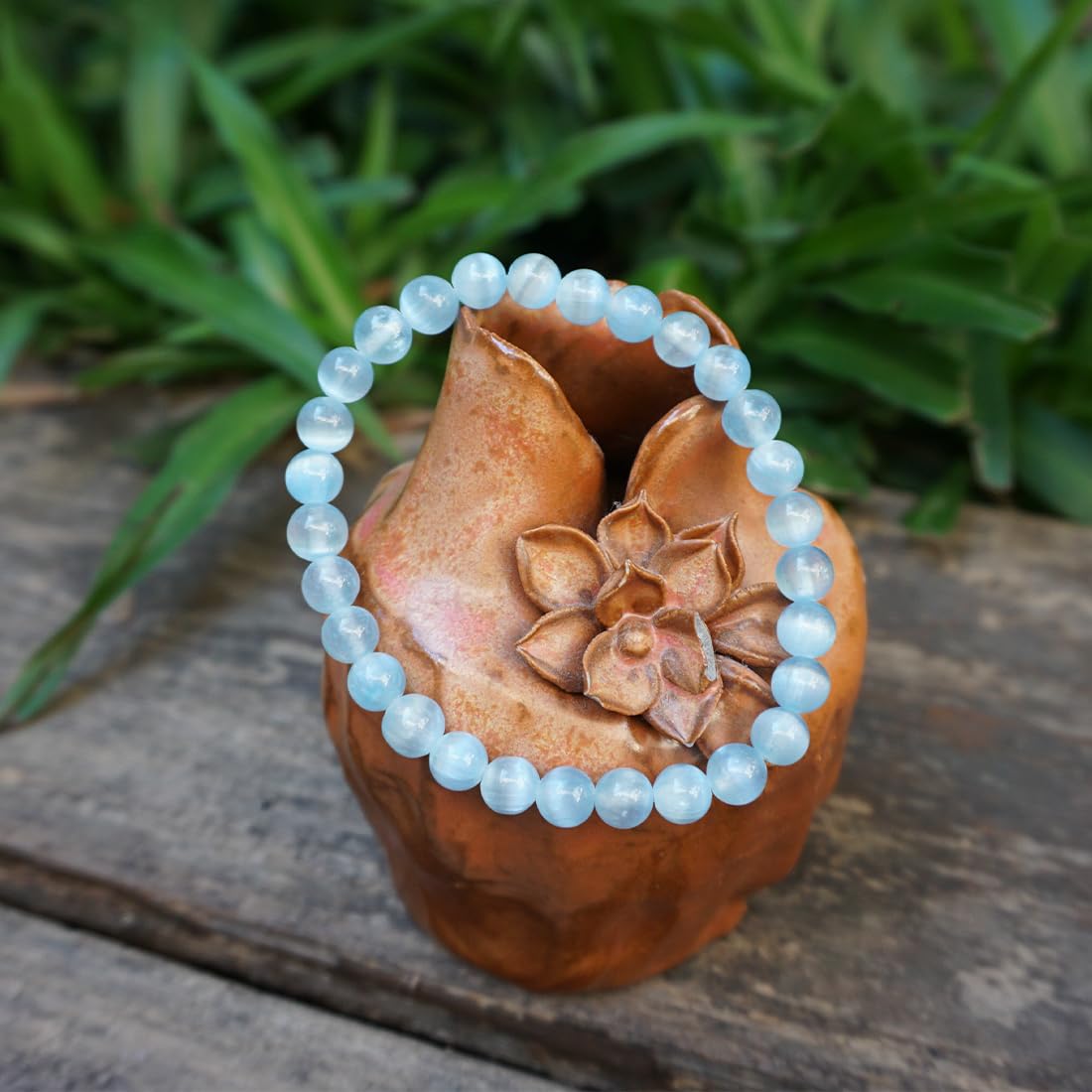 Natural Selenite Bracelet 6mm | Aqua Blue | Crown Chakra Crystal with Cat-eye Effect | Handmade Meditation Healing Bracelet for Women Men | Beading Tool Kit - Fits for 6-7 inch Wrist Size