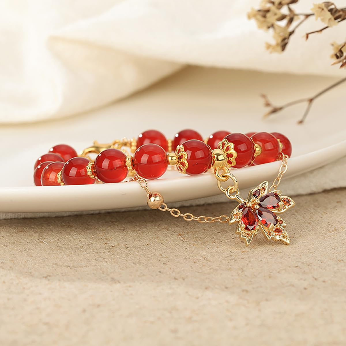 XIAOMOJEW Jade Beaded Bracelets for Women Fall Maple Pendant Bangle Bracelets Chinese Style Bangle Lucky Boho Jewelry (Red Maple)