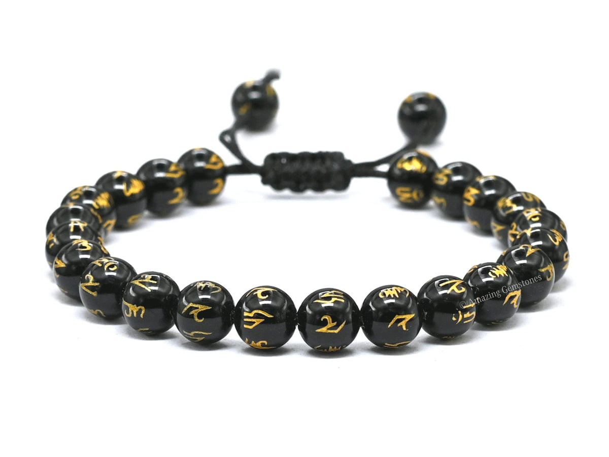 Amazing Gemstone Om Mani Black Agate Bracelet for Women Men's Gifts - Protection Healing Crystal Bracelet - 8mm Gemstones Beaded Adjustable Bracelet Pulseras Para Hombres Mujer Stocking Stuffers