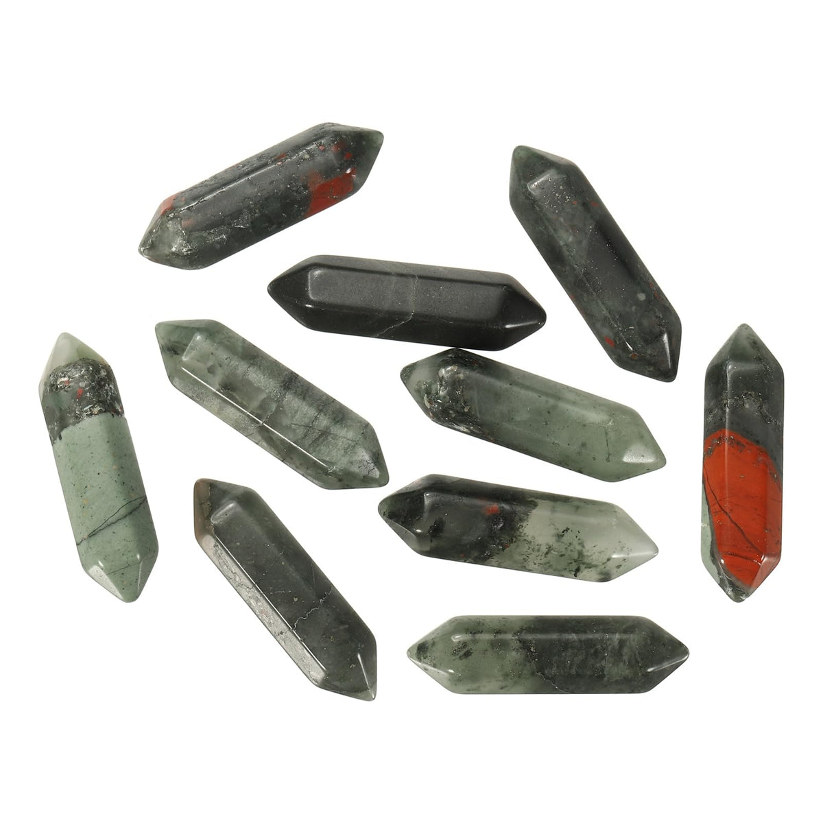 MECCANIXITY 10 Pack African Bloodstone Quartz Crystals, Polished Crystals Bulk Hexagonal Shaped Meditation Gemstone for Jewelry Making Energy Balance Accessories Gifts
