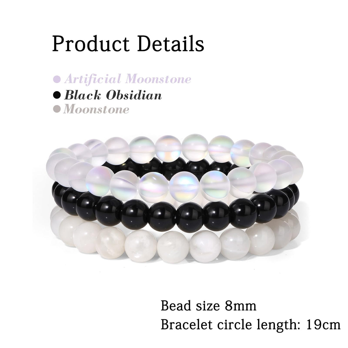 Risyfjew 3 PCS Moonstone Healing Crystal Bracelets Women 8mm NaturalMoonstone Stone Beaded Stretch Bracelet Crystal Gifts for Women