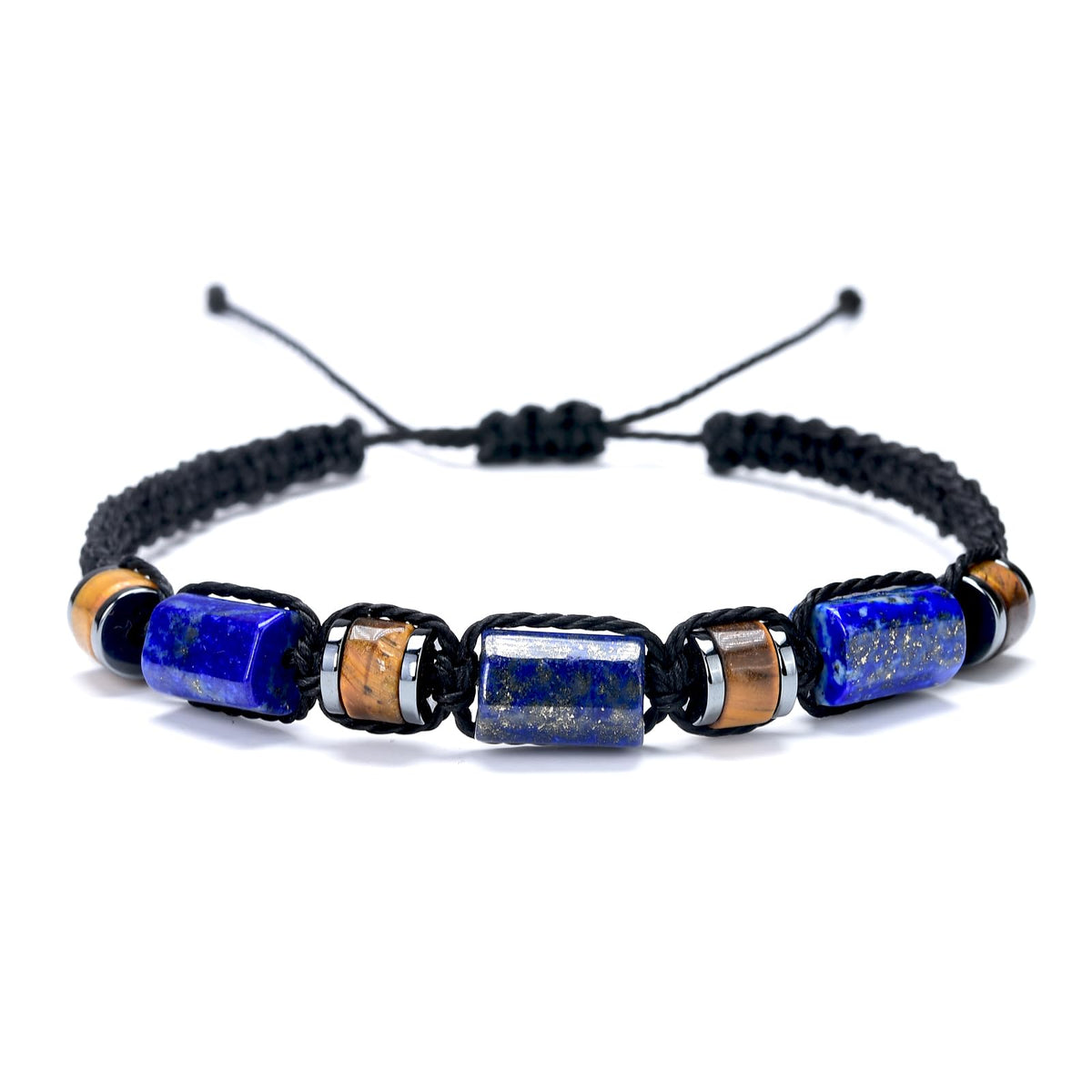 Senxilk Lapis Lazuli & Tiger's Eye Adjustable Bracelet for Men - Natural Stone Beaded Black Cord Jewelry Gifts for Him, Son, Teens | Birthday Father's Day Christmas