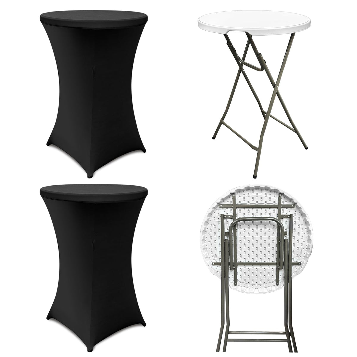 Sowhatsowoo 2 Sets 32" High Top Round Folding Cocktail Tables White Bar Height with Removable Legs & 32"x43" Spandex Stretch Black Table Covers Hightop Table for Outdoor Indoor Wedding Parties