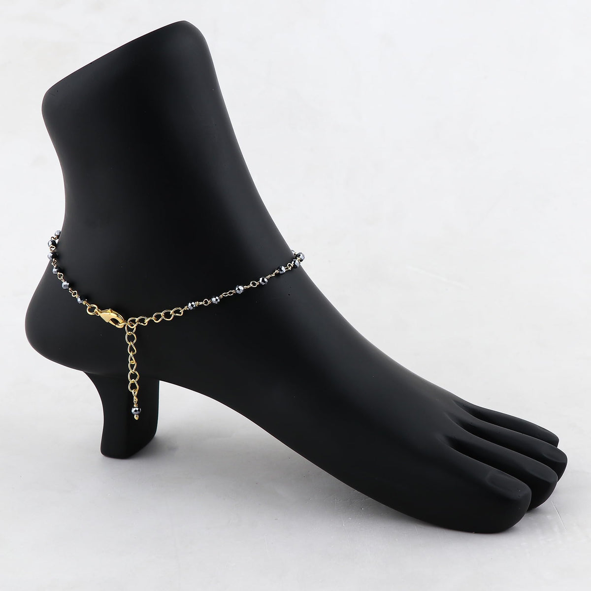 JOR Natural Hematite Beaded Rosary Anklet, Handmade Craft, Anklet Beads Bracelet, Chakra Healing Anklet, Gemstone Women Jewelry, Dainty Gold Plated Anklet 9 inch + 2 inch (1pcs)