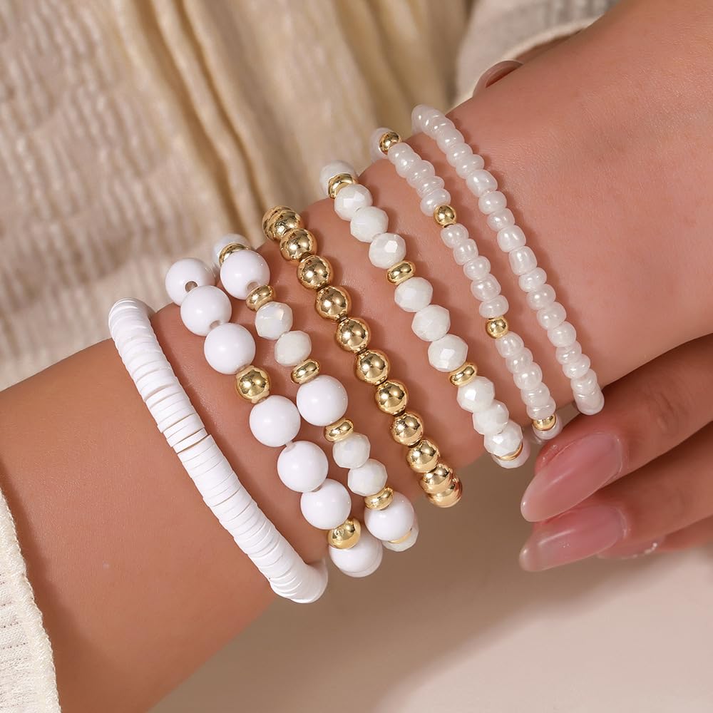YEOSMINE Boho Heishi Clay Beaded Stretch Bracelets Stack For Women, Preppy Teens Friendship Gold Bracelets Cute Beach Surfer Accessories Bulk Set Trendy Fashion Jewelry