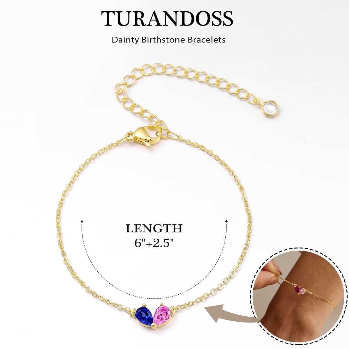 Turandoss May December Birthstone Bracelet for Women - Created Emerald, Tanzanite Bracelet Pear Birthstone Bracelets for Women, 14K Dainty Gold Plated Bracelets for Women Girls Jewelry Gifts