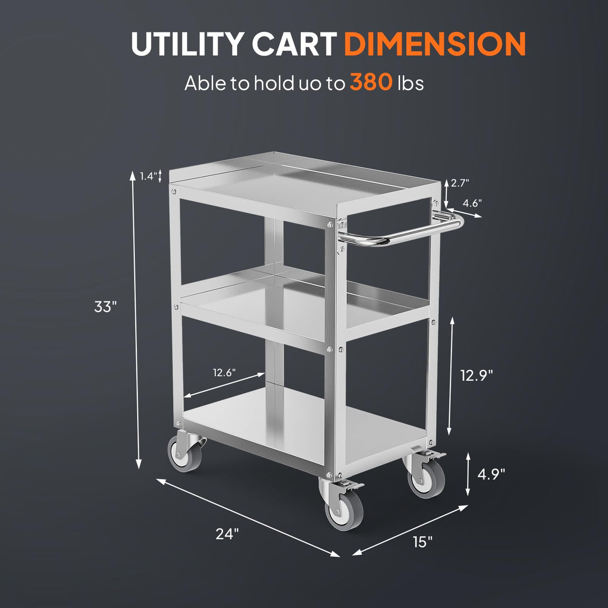 LEADZM 15"L x 24"W x 33"H Utility Rolling Cart on Wheels With Braker, 3-Tier Heavy Duty Commercial Storage Tool Serving Cart With Handle, Stainless Steel for Kitchen Home & Business, Silver