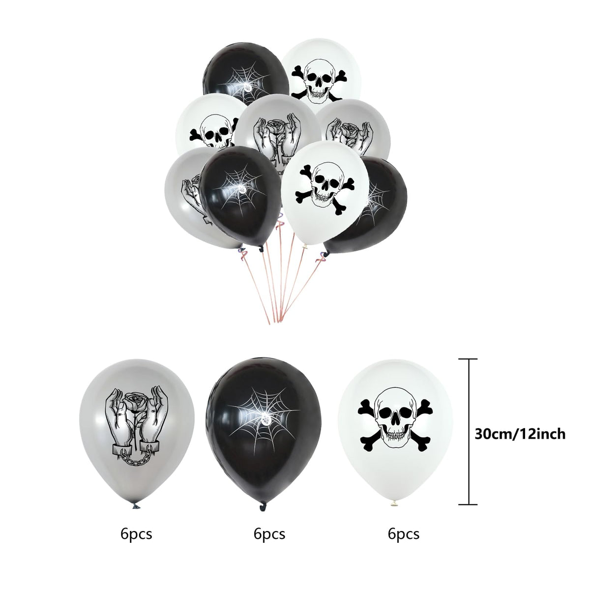 Gothic Black and Silver Horror Theme Birthday Party Supplies Funeral Decorations with Balloons Die Cut Skulls Hearts Ghosts Bats Spiders and Screaming Faces Halloween Party Supplies