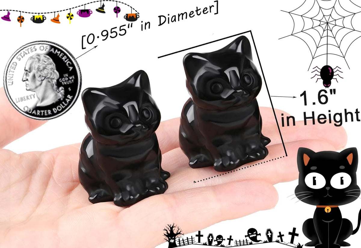 QINJIEJIE Black Obsidian Cat Decor Statue Carved Stone Figurine Healing Crystals Gift Natural Gemstone Home Sculpture Office Room Desk Decoration Sitting Black Cat Gifts for Men Stocking Stuffers