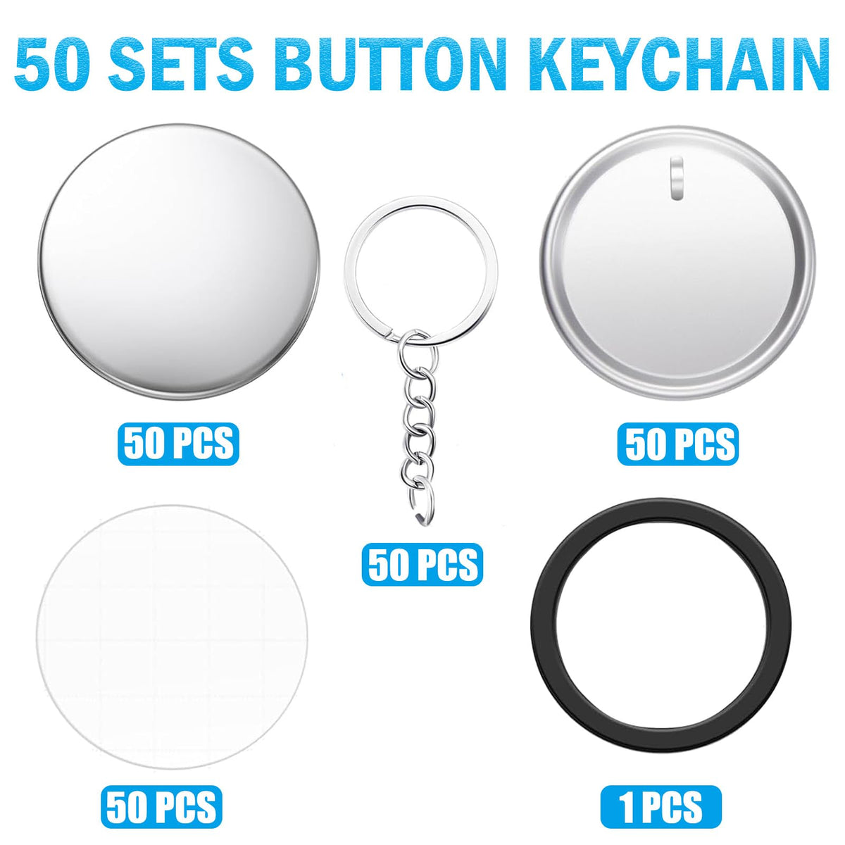 Button Maker Keychains Supplies, 200 Pcs 58mm Pin Maker Set, Metal Button Maker Supplies with Metal Shell Cover, Transparent Film & Chain Head