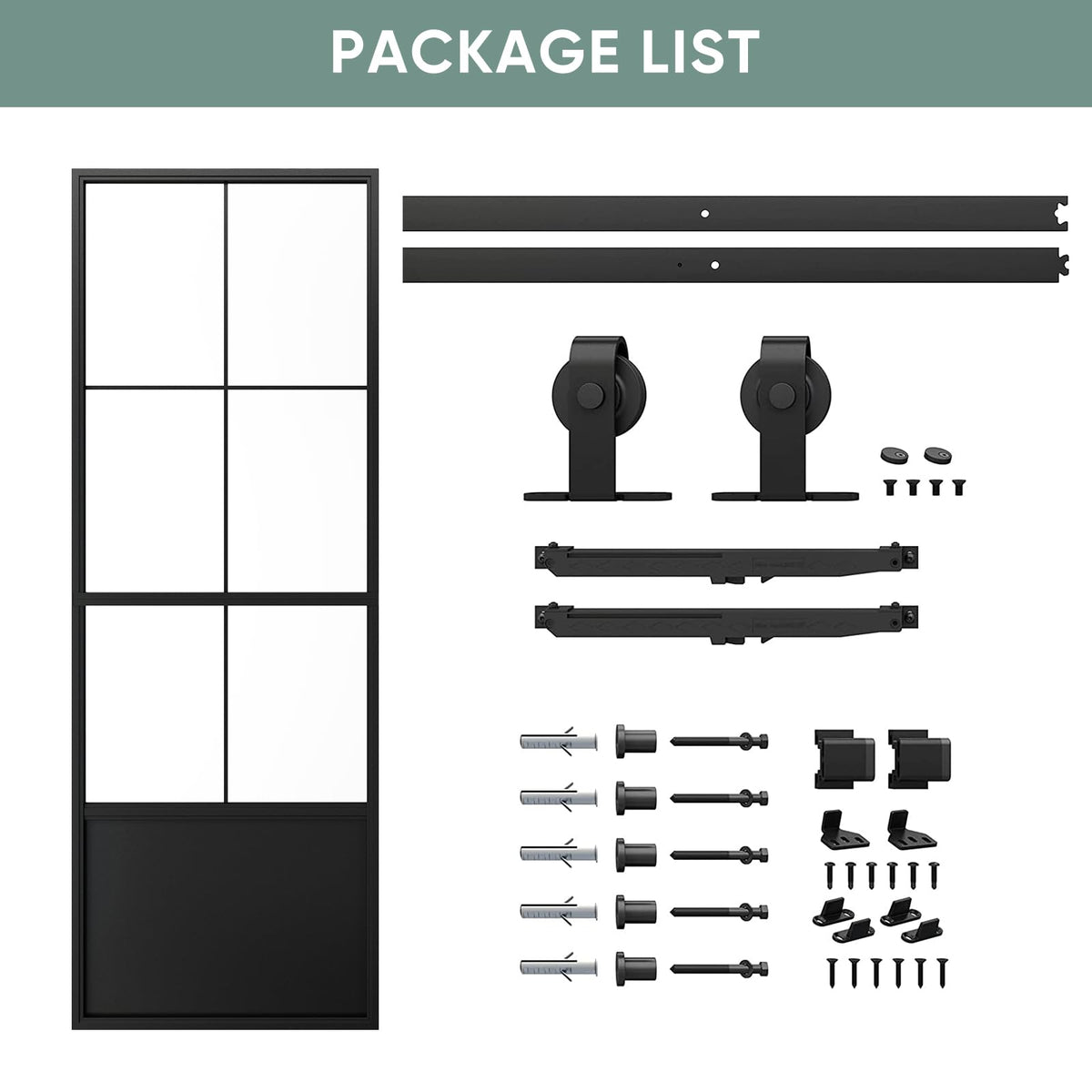 JUBEST 32in x 84in Glass Barn Door, Frosted Tempered Glass Carbon Steel Pre Drilled Frame Sliding Barn Door Panel with 5.5FT Hardware Kit and Soft Close Mechanism