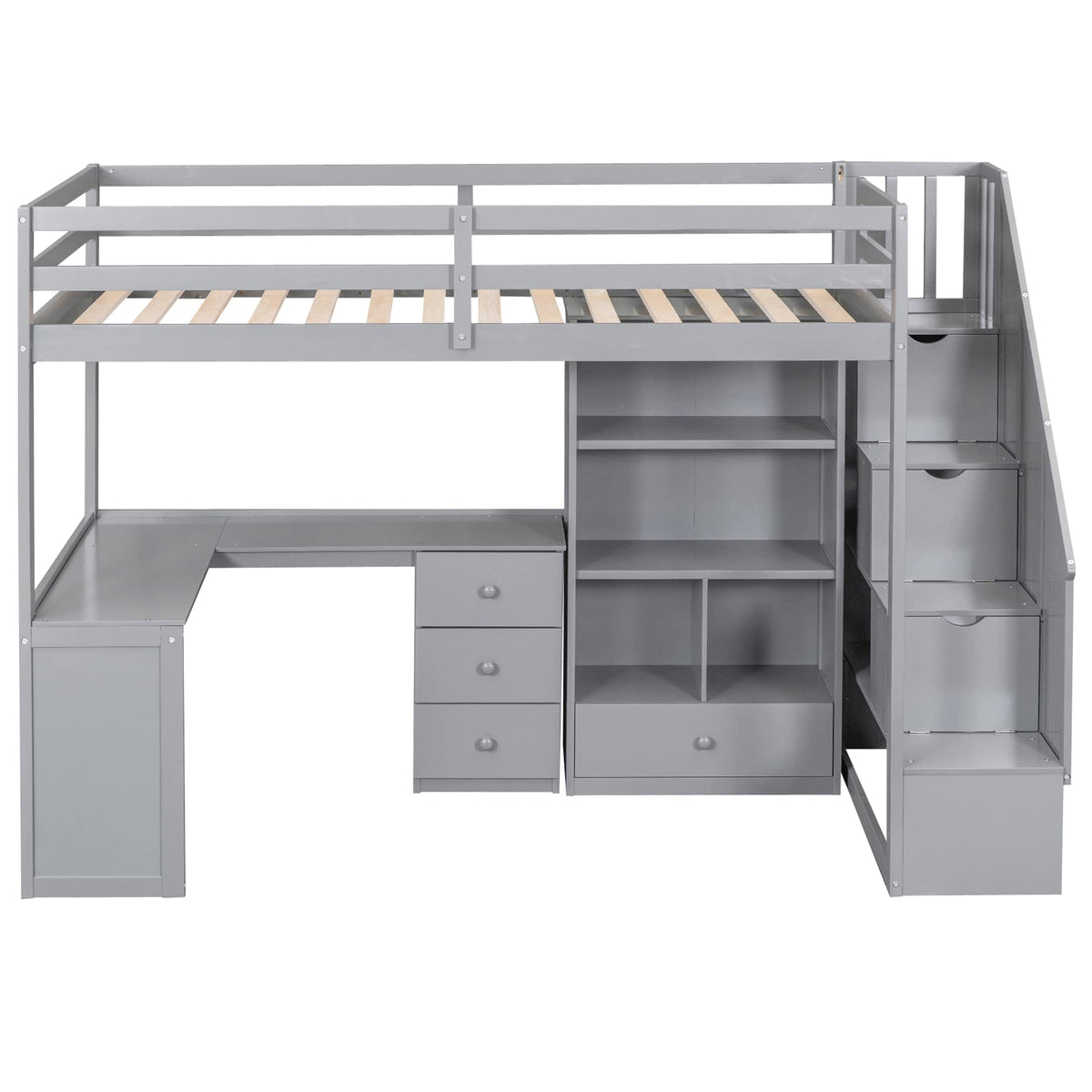 KTATK Twin Size Loft Bed with Storage Shelves and Under-Bed Desk,Bedroom Multifunctional Bed Frame w/Solid Wood Slat Support & Full-Length Guardrail,for Adult Boy Girl Teen,White