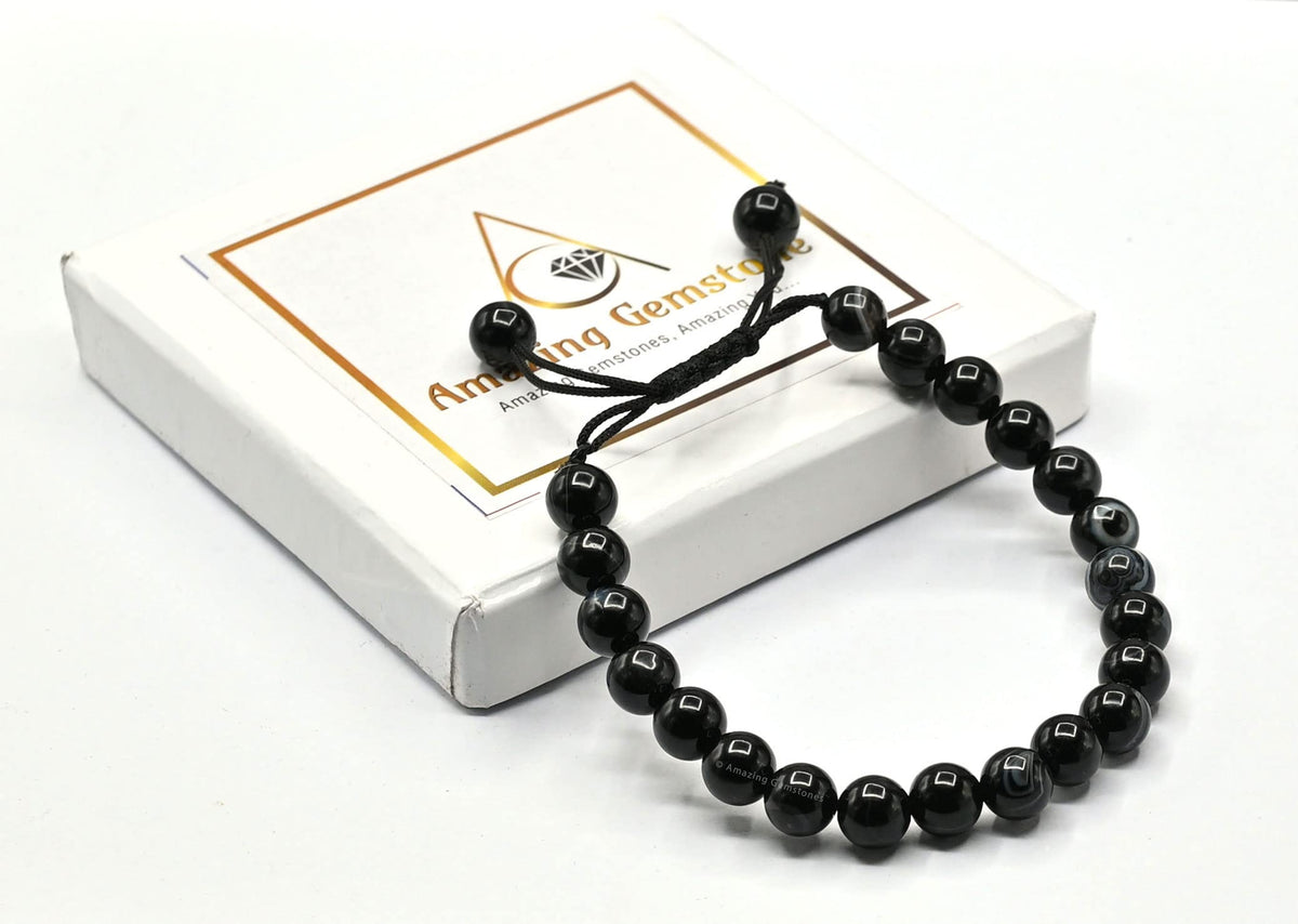 Amazing Gemstone Black Hakik Banded Bracelet for Women Men's Gifts - Protection Healing Crystal Bracelet - 8mm Gemstone Beaded Adjustable Bracelet Pulseras Para Hombres Mujer Stocking Stuffers
