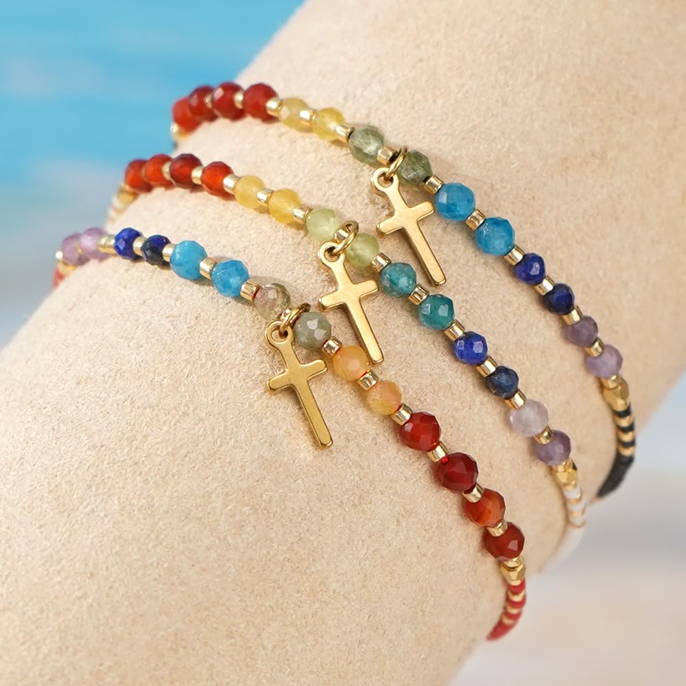 Opalencian 7 Chakra Cross Healing Crystal Beaded White Adjustable Bracelets for Women Dainty Energy Stone Beads Friendship bracelet,Handmade Fashion Charm Jewelry Gifts