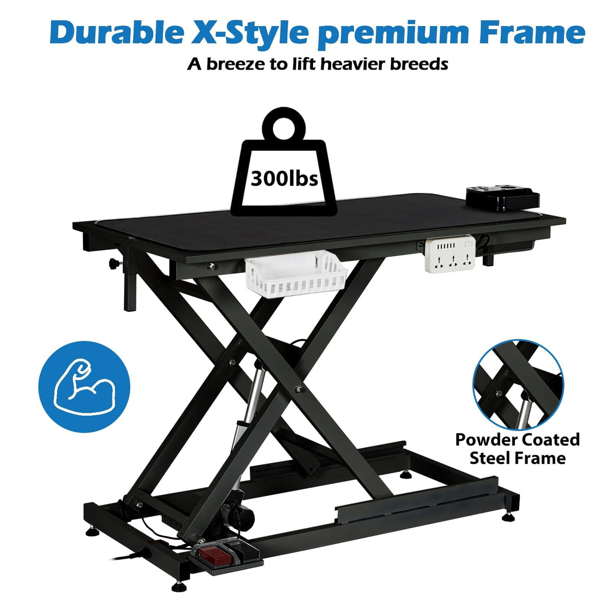 50 Inch Dog Grooming Table, Electric Hydraulic Pet Grooming Table, Dog Grooming Station with Aluminium Overhead Arm, Anti Slip Tabletop, 6 USB Ports, Height Adjustable, 300 LBS Capacity, Black
