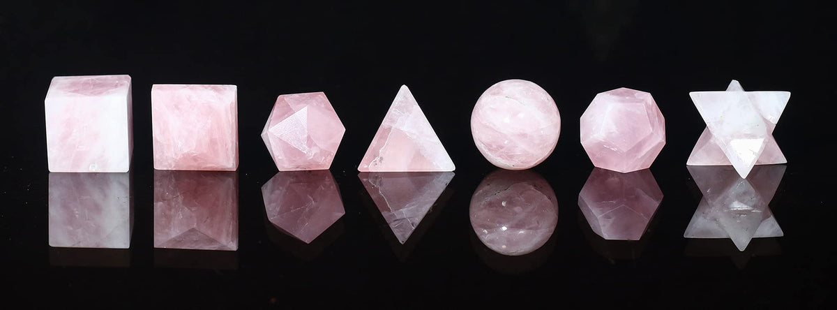 Crocon Rose Quartz 7Pcs Platonic Solids Crystal Geometry Set, Platonic Solids Sacred Geometric Stones for Meditation Reiki Balancing Healing Chakra Stone Cleansing Spiritual Good Luck (15-20mm)