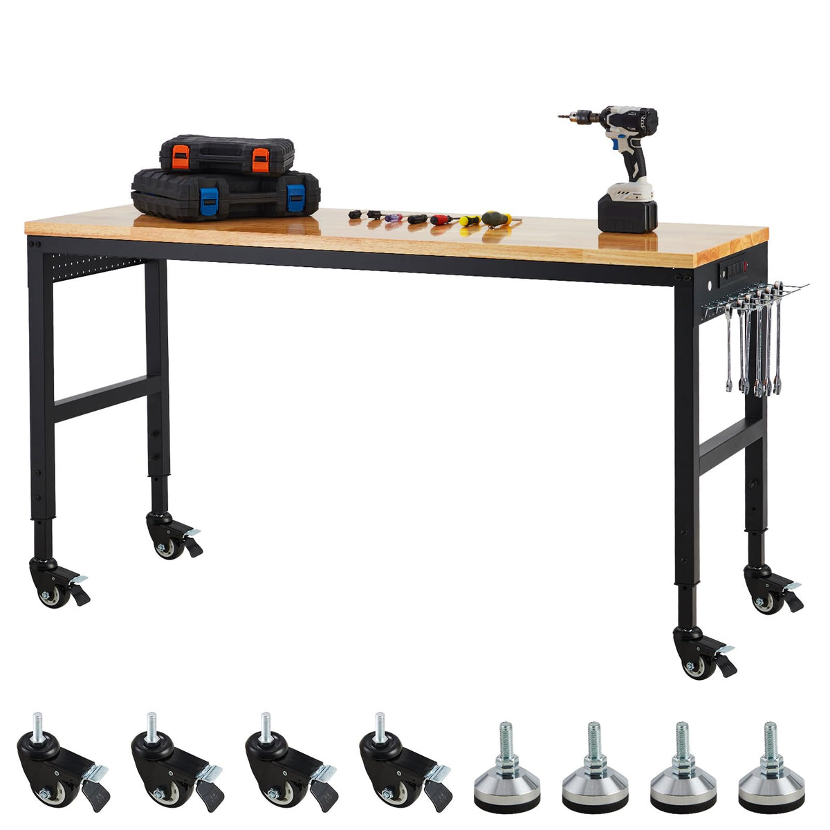 ExploreHorizon Workbench Adjustable 75' x 25', 29.5"-38.4" Heights Garage Worktable with Universal Wheels Power Outlet, Heavy-Duty Table for Workshop Office Home Commercial, 2000 Lbs Load Capacity