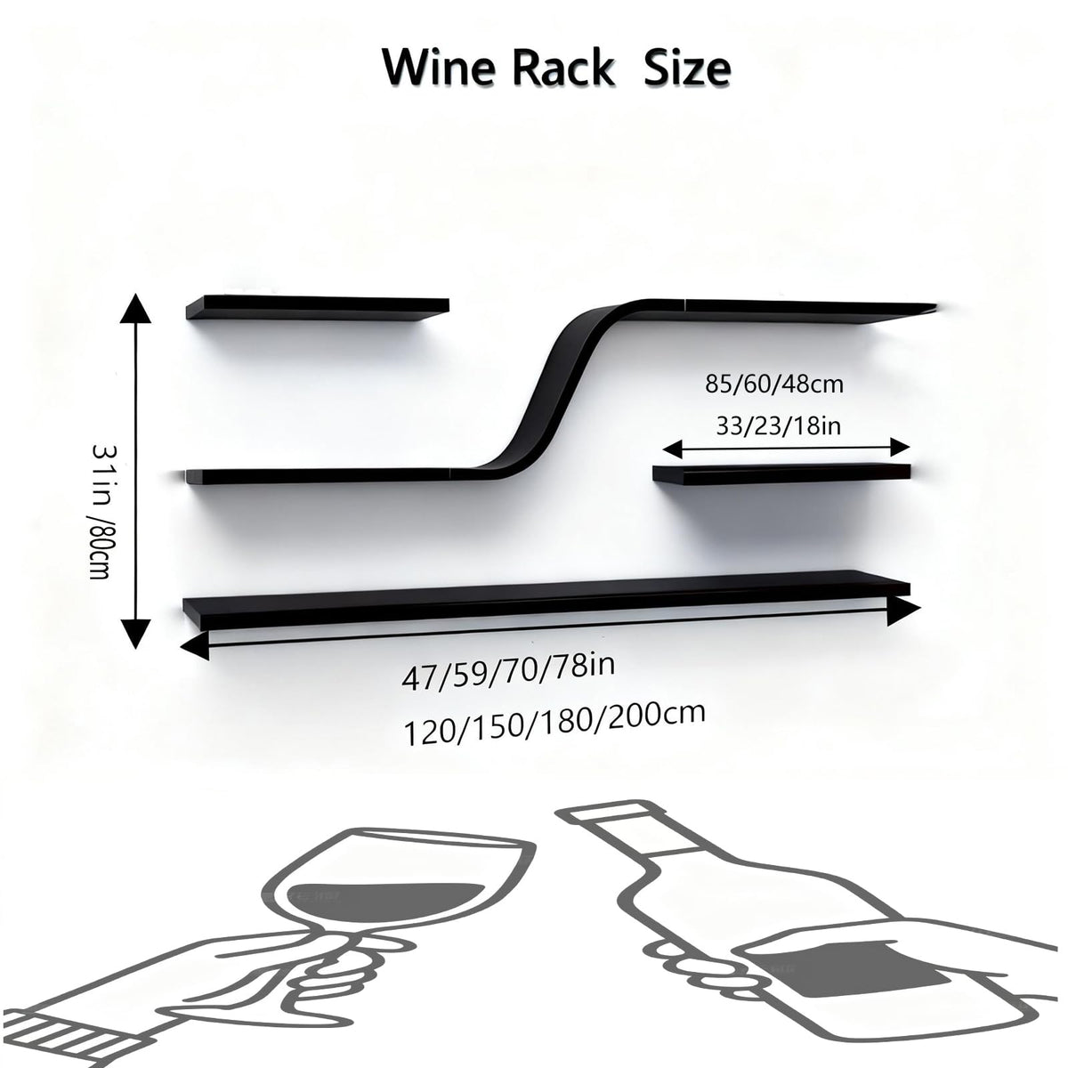 59IN Modern Wall Mounted Wine Rack with Blue LED Light, 3-tiers Metal Curved Bar liquor Bottles Display Shelf, Large Floating Bar Shelves Storage for Home bars, kitchens Coffee Shop (Black, 59in)
