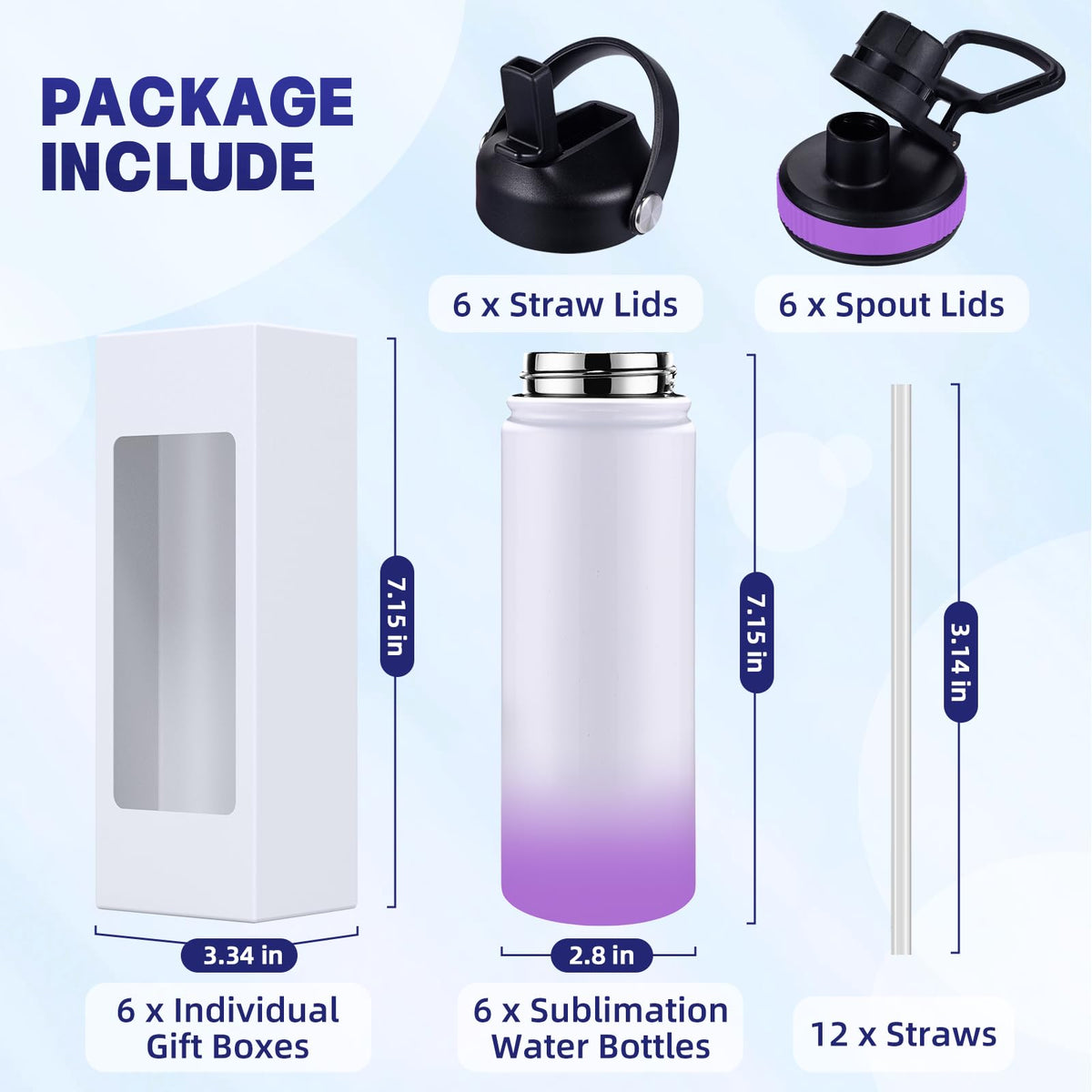 CoolSub Sublimation Sports Water Bottle Blanks, 20oz Sublimation Tumblers Double Wall Stainless Steel Sublimation Cups with Wide Mouth Lid and Straw 6 Packs Purple