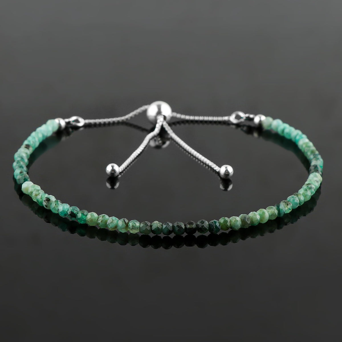 CRYSTALINES Natural Shaded Emerald Gemstone Bolo Bracelet, Faceted Beads Stones, Hypoallergenic Handmade Boho Jewelry for Women, Healing Crystals, Adjustable Silver Chain 6+4inch, May Birthday Gift