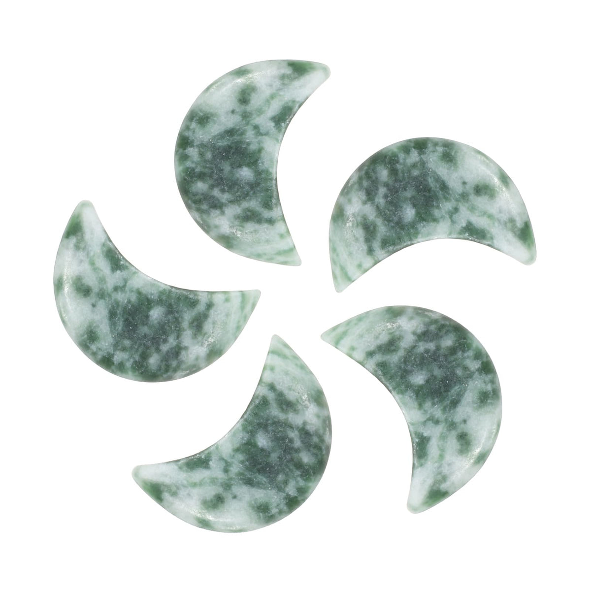 MECCANIXITY 5 Pcs Moon Crystal Worry Stone, 0.5 Inch Length Natural Green Spotted Jasper Moon Gemstone Bulk, Carved Pocket Stones for Meditation Balancing Pendant Decor