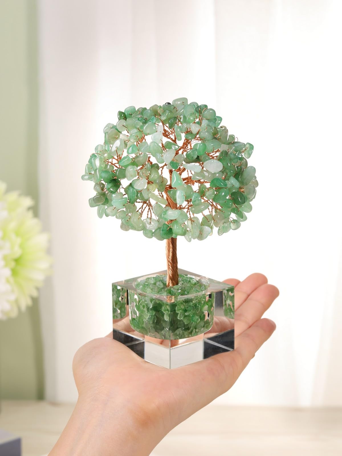 Jovivi Large Crystal Tree with Square Glass Base, Green Aventurine Healing Crystals Tree Life Natural Chipped Gemstone Money Trees Feng Shui Good Luck Positive Energy Home Desk Decor