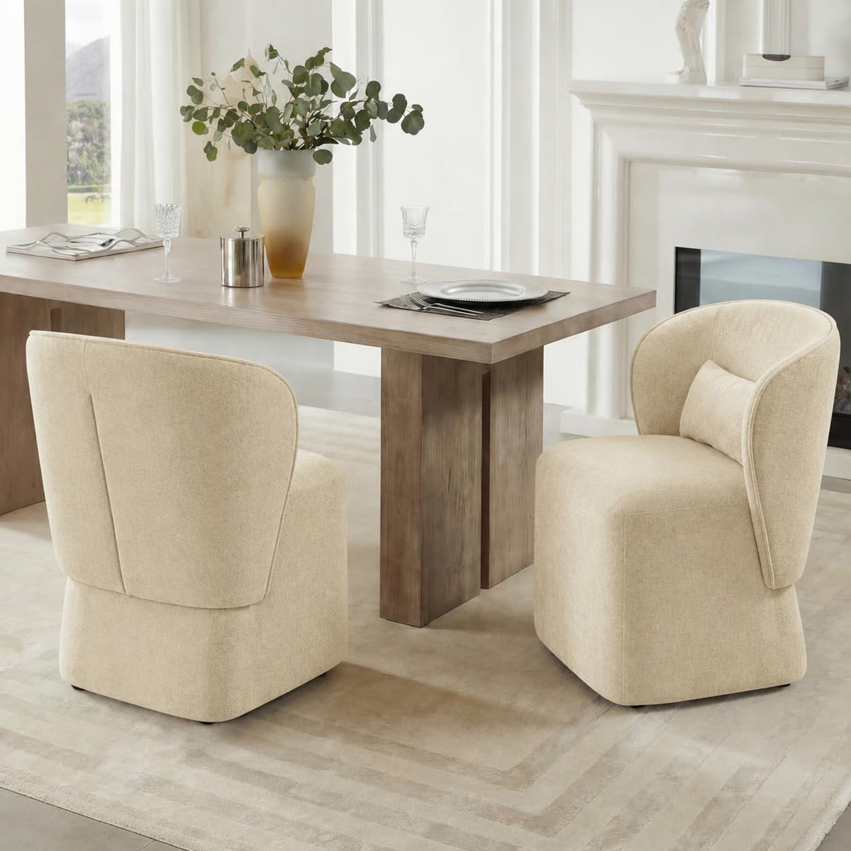 KISLOT Upholstered Dining Chairs with Wheels, Easy Assembly Stain Resistant Fabric Modern Barrel Armchair with Lumbar Cushion, Dining Room Chairs for Kitchen Living Room Bedroom, Sand, Set of 4