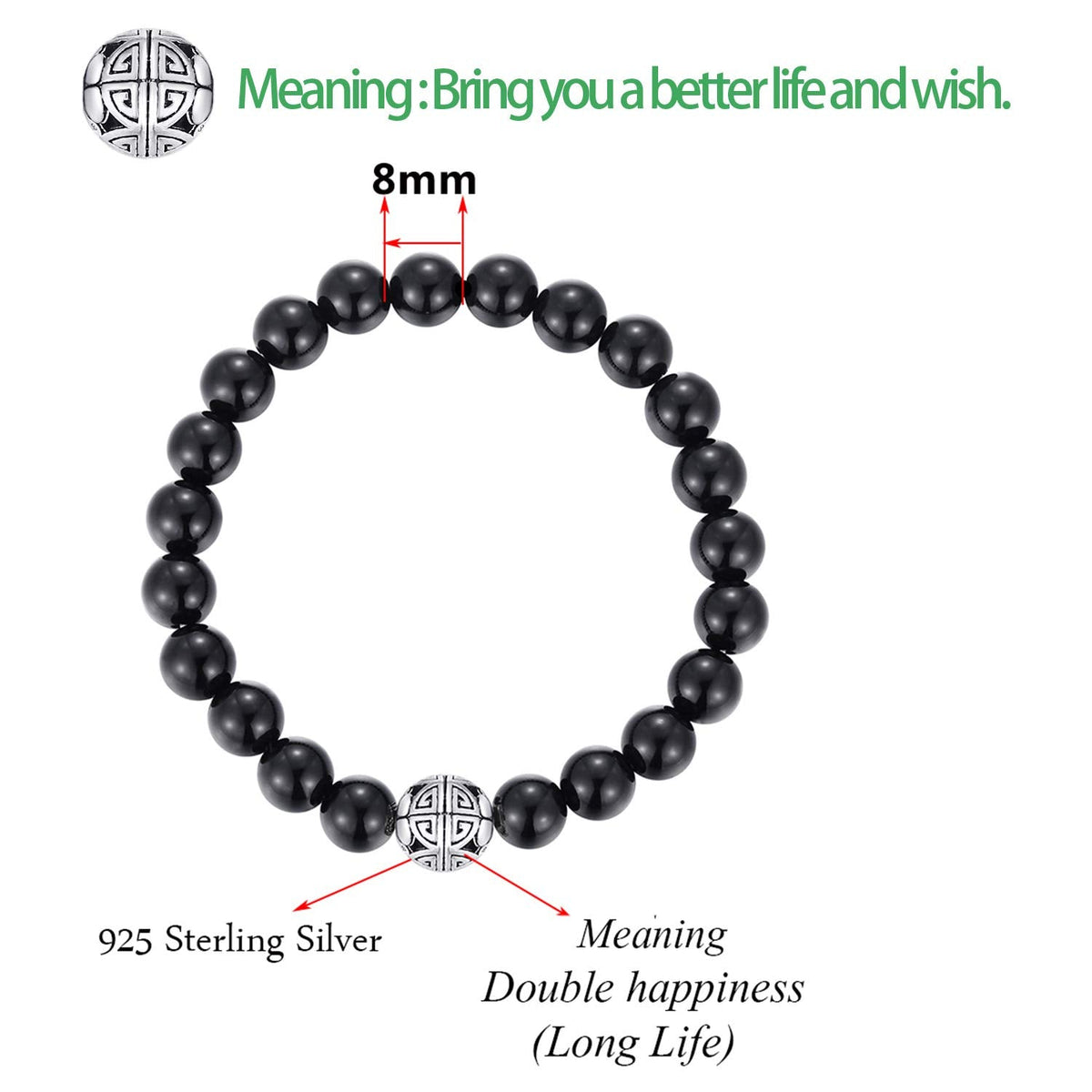 MetJakt Healing Crystals Beaded Bracelets for Womens Natural Gemstone 8mm Beads Stretch Bracelets with 925 Sterling Silver Double Happiness Pendant (Black Agate)