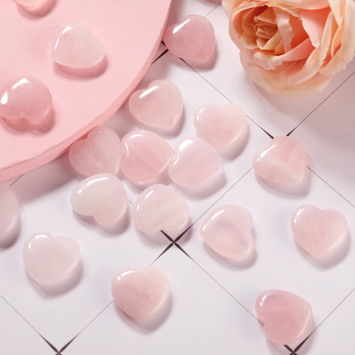 Patelai 24 Pcs Rose Quartz Heart Crystals Pink Heart Shaped Stones Natural Healing Worry Stones Mini Pocket Gemstone with Black Flannelette Bag for Women Mothers Day Anniversary Gifts Reiki Balancing
