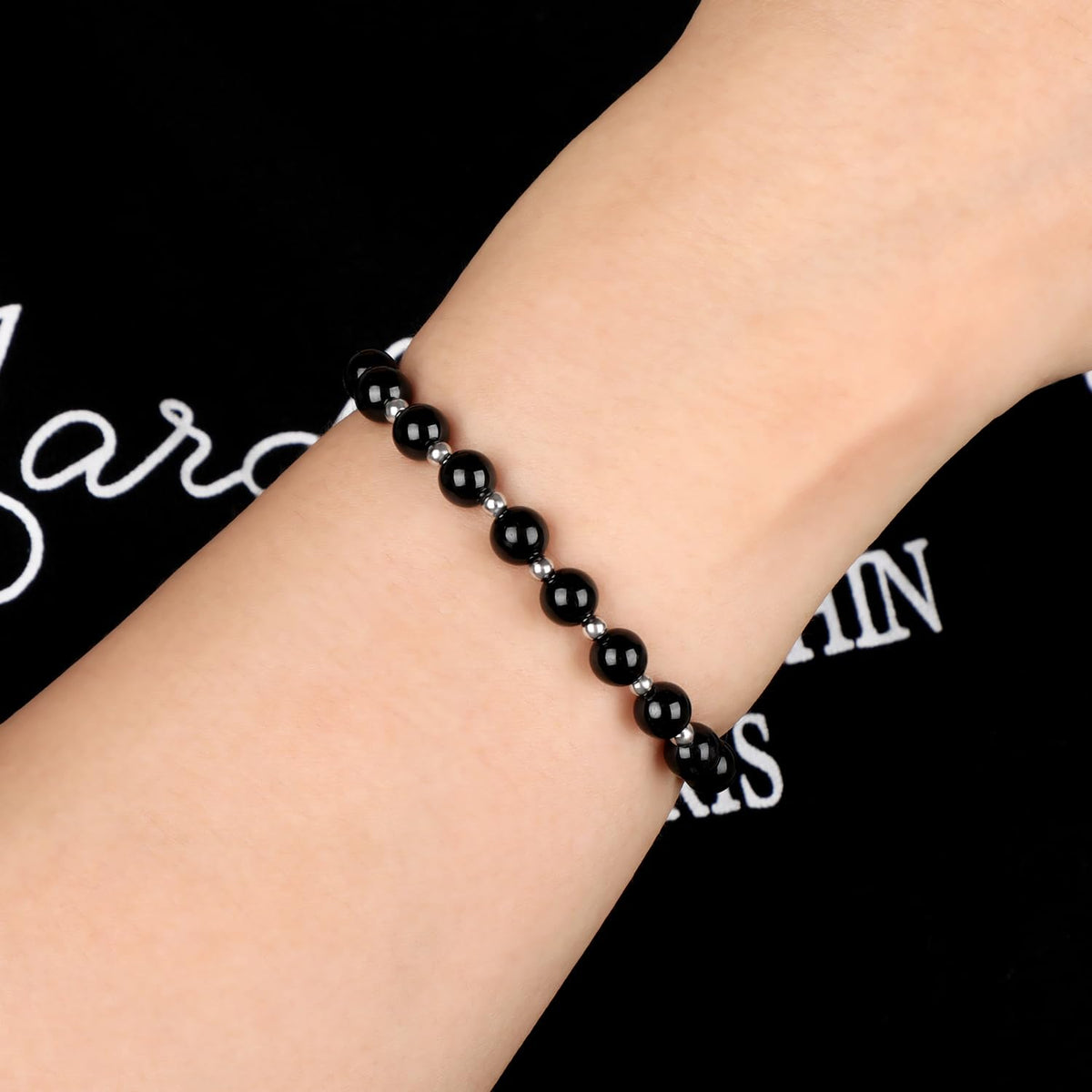 QOGIR Black Onyx - Protecting and Grounding - Stainless Silver Beads Natural Gemstone Stretch Elastic Dainty Healing Beaded Bracelets Gifts 6mm