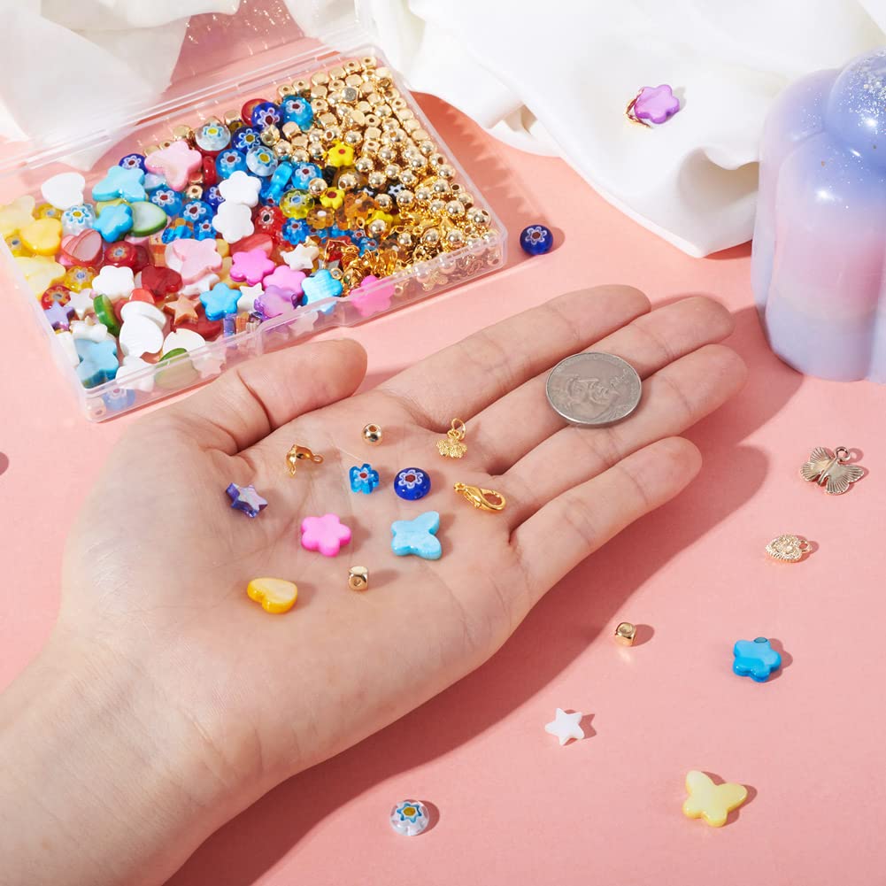 Fashewelry 402pcs Mixed Freshwater Shell Beads Bracelet Making Kit Mixed Color Heart Star Flower Butterfly Shape Natural Sea Shell Loose Beads for DIY Summer Beach Jewelry Necklace Earring Keychain