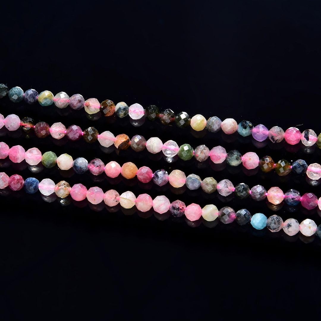 Adabele 30 Inch Natural Multi-Color Tourmaline Healing Gemstone 3mm (0.12 Inch) Tiny Small Faceted Round Loose Beads Stone Spacer (220-240pcs Total) for Craft Jewelry Making GK3-2