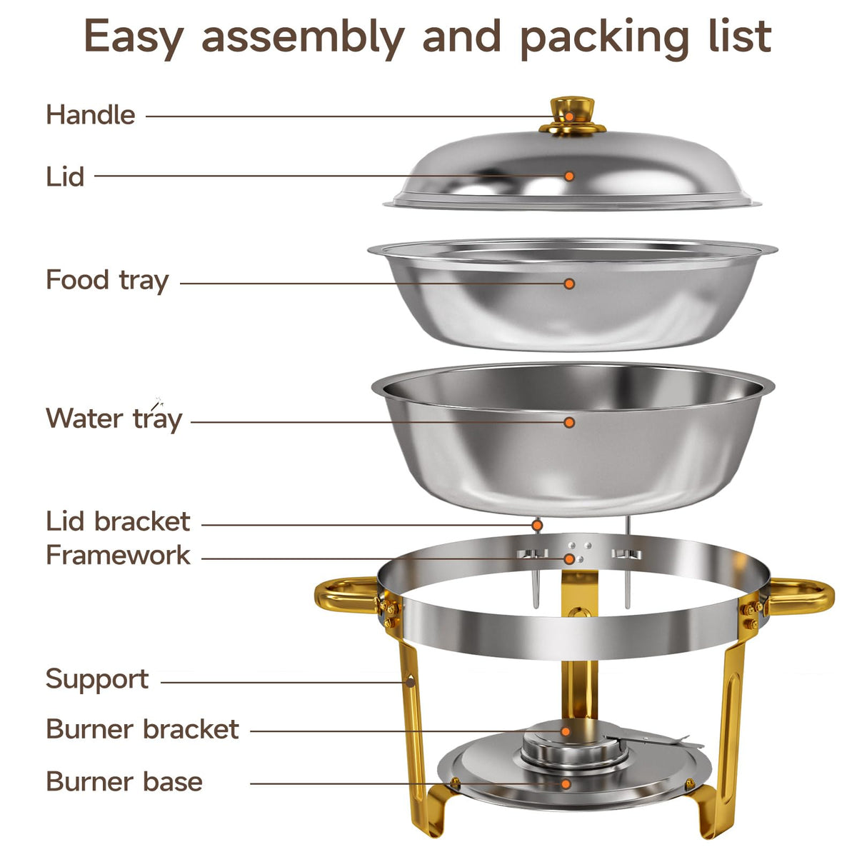 LEDLAY 6QT Stainless Steel Chafing Dishes for Buffet, Round Chafing Dish Buffet Set 4 Pack with Smooth Edge Lid, Food Warmers for Parties Buffet Golden & Silver