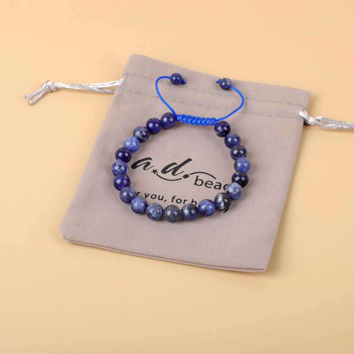 AD Beads Natural 8mm Gemstone Bracelets Healing Power Crystal Macrame Adjustable 7-9 Inch (Sodalite)