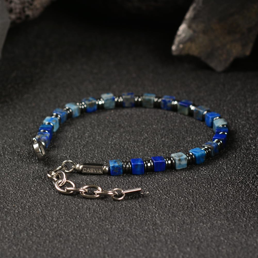 Casvia Men's Lapis Lazuli & Hematite Beaded Bracelet, Handmade Adjustable Stainless Steel Chain, Chakra Jewelry Gift for Dad, Husband, Boyfriend | Hematite Stone Bracelet