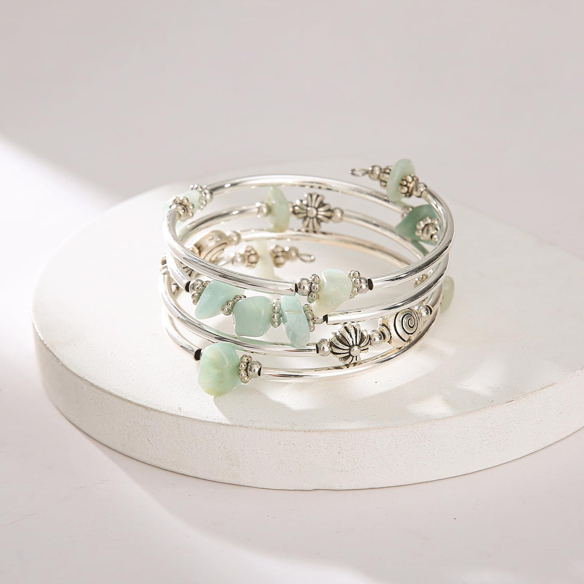 FULU AUTUMN Stone Silver Bangle Wrap Bracelet Boho Turquoise Crystal Chips Bead Bracelets Fashion Jewelry Birthday Gifts for Women(19-Green)