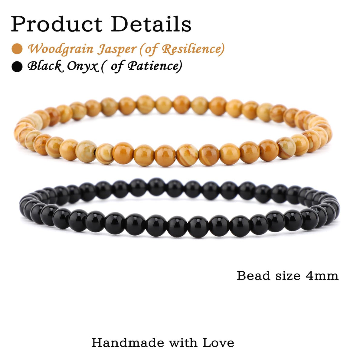 NCB 2-Piece 4mm Natural Crystal Gemstone Stretch Bracelets – ﻿Black Onyx, Woodgrain Jasper Handmade Reiki Energy Healing Jewelry for Meditation,Yoga, Unisex