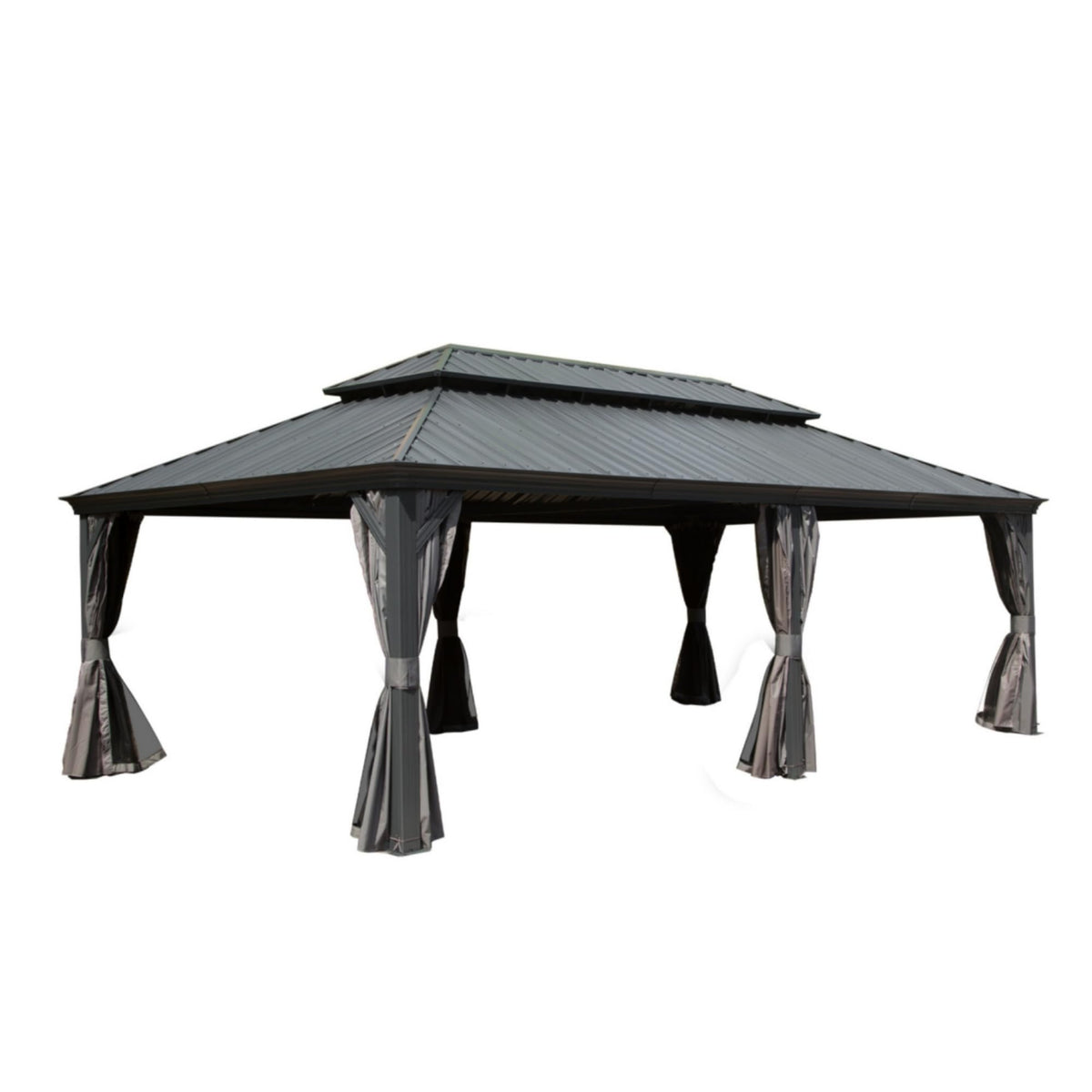 GOWE 14x24FT Hardtop Gazebo, Outdoor Gazebo with Galvanized Steel Double Roof, Aluminum Frame, Built-in Gutter System, Curtain and Netting, Metal Gazebo Pavilion for Patio Deck Garden, Grey