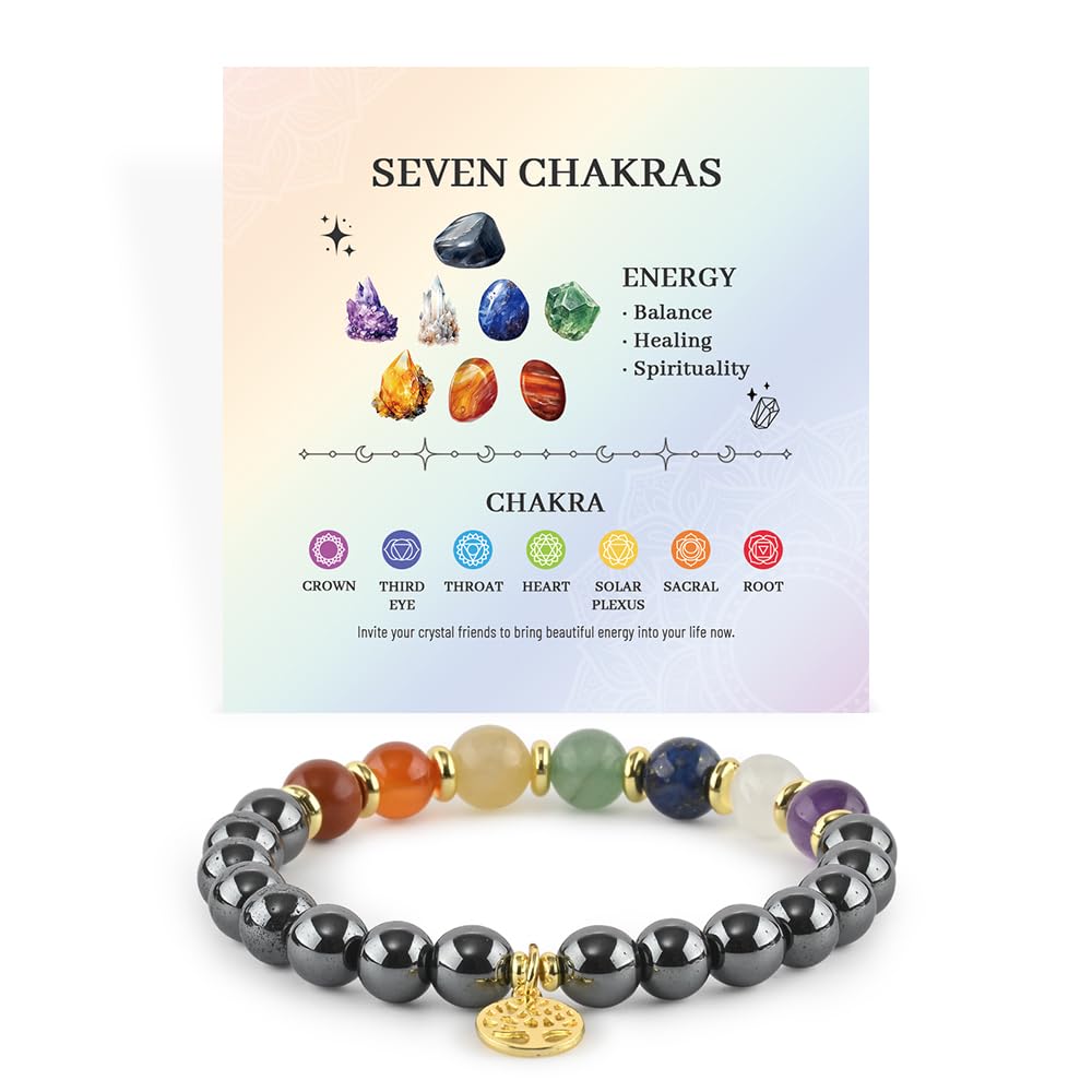 Thanks Nature Seven Chakra 8mm Beaded Bracelet - Balance Natural Healing Crystal Stretch Bracelet for Women and Men - Handmade Semi-Precious Gemstone with Positive Energy