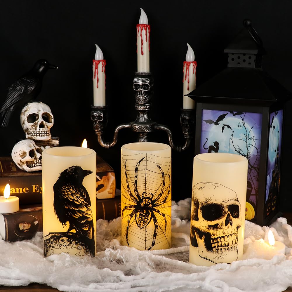 Lasumora Halloween Flameless Candles with 6H Timer, LED Pillar Candles mit Skull, Spider Web, Crow Raven Decals Set of 3, Battery Operated Real Wax Candles, Halloween Decor Horror Gothic Punk