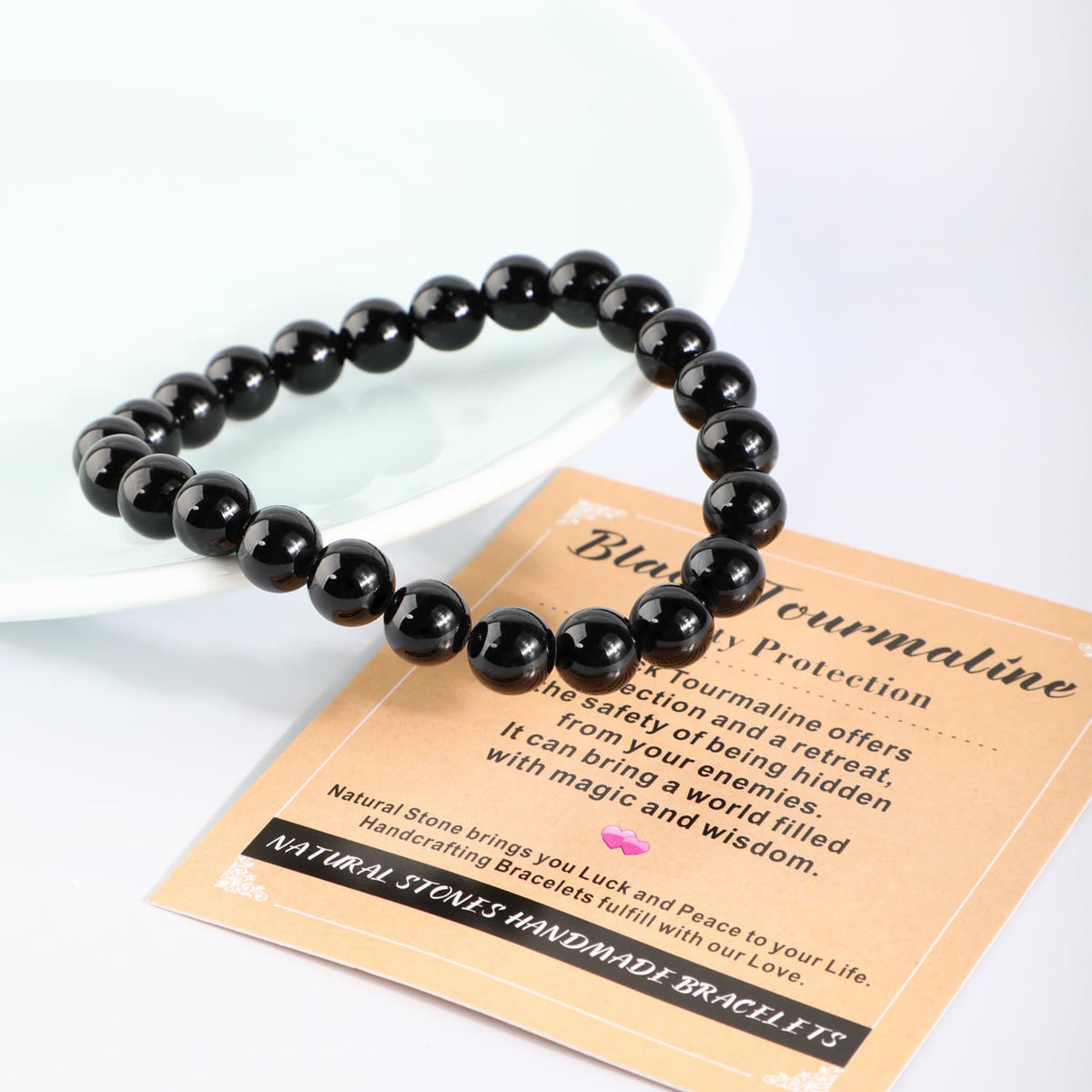 AD Beads 8mm Handmade Black Tourmaline Elastic Bracelet – Natural Gemstone for Safety Protection – Meditation, Yoga, Healing and Energy Gift for Men Women