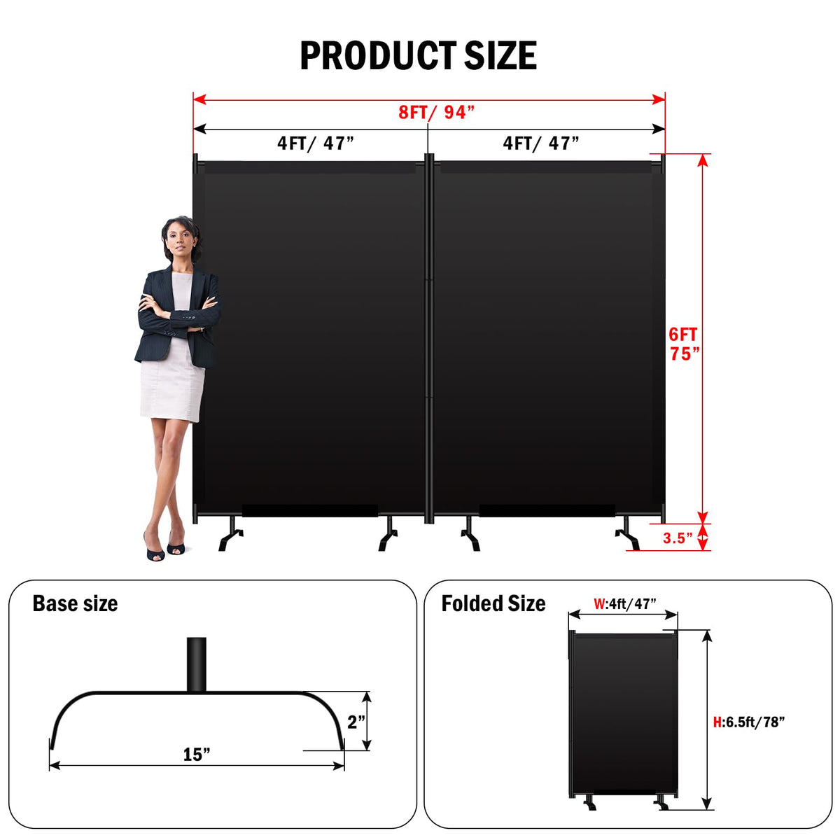 Room Divider Panel, Siebwin 2 Panel Folding Privacy Screens with Wider Feet, 8Ft x 6FT Portable Room Partition for Room Separator, Room Divider Screen Partition Room Dividers Freestanding